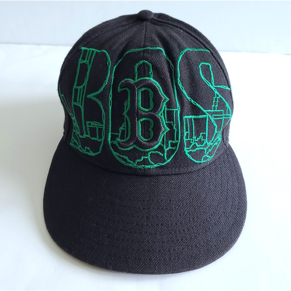 New Era Boston Red Sox Baseball Hat Black Green Cityscape Fitted Cap Size 7 1/4